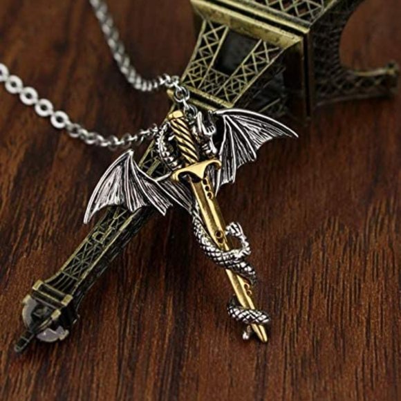 Other - Silver & Gold Dragon & Sword Necklace Stainless Steel Goth, GOT Game of Thrones‎
